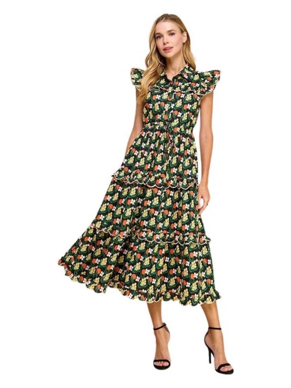 TCEC Tatum Midi Dress with Orange Blossom Print and Scalloped Hem